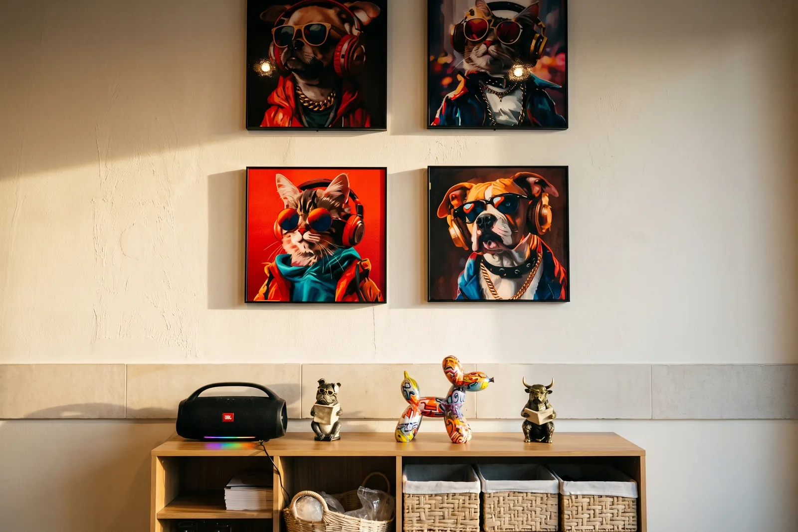 Pop art pictures of dogs in sunglasses at Mi Locura